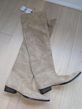 Zara Beige Suede Over-the-Knee Boots